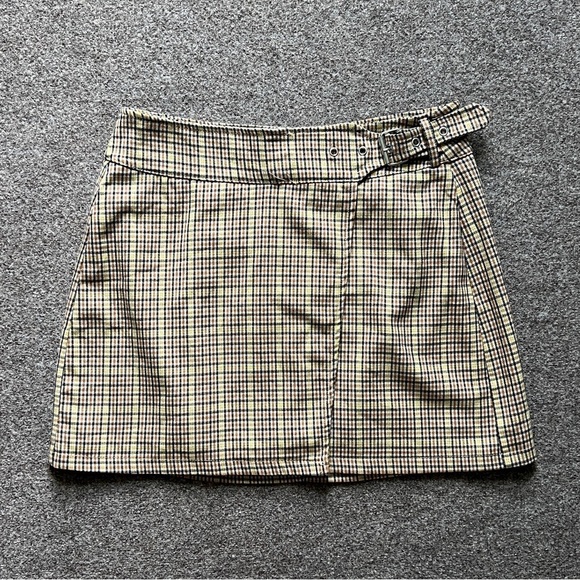 Bershka Dresses & Skirts - Bershka Wrap Style Mini Plaid‎ Academia Preppy Skirt Buckle Accent Tan Women’s L